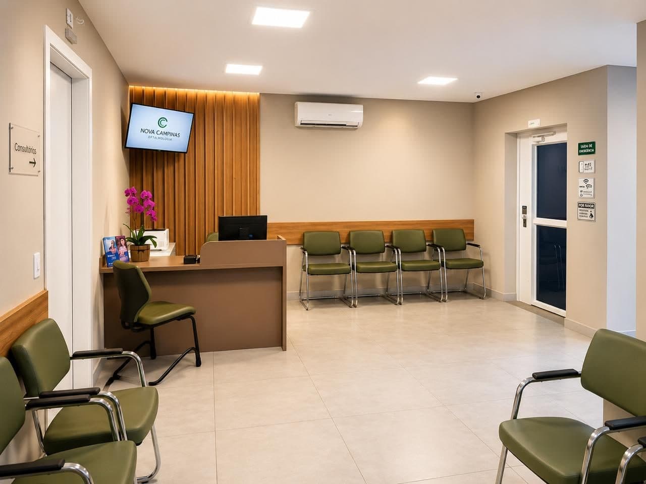 Sala de espera do primeiro andar da Nova Campinas Oftalmologia com poltronas e acesso aos consultórios